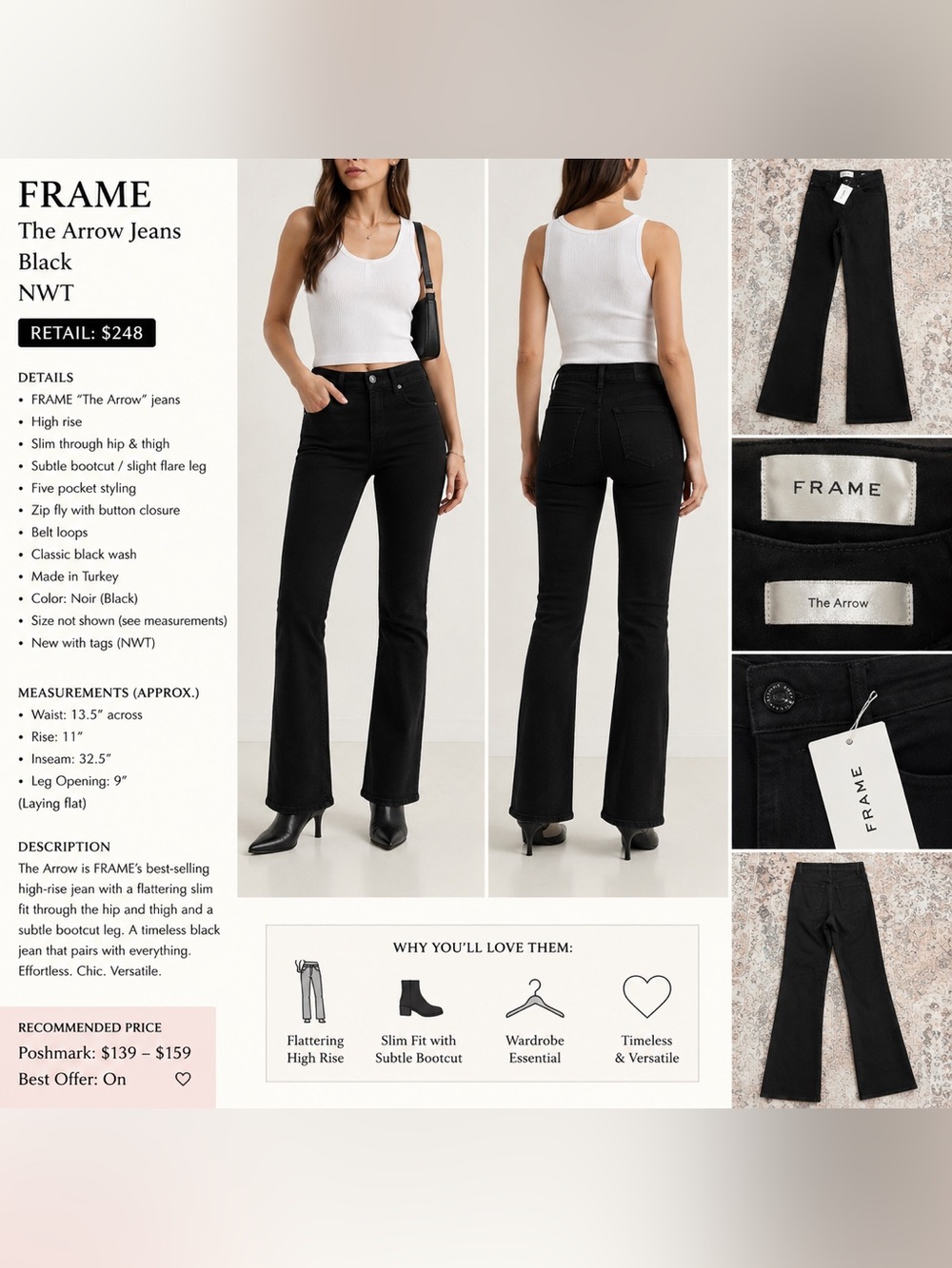 Frame Denim The Arrow High-Rise Black Slim Bootcut Jeans NWT size 24
